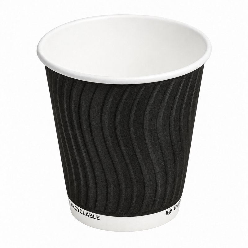 Gobelet carton double paroi noir, vue trois-quarts sur le carton ondulé